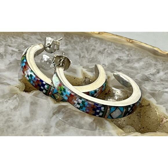 Native American ZUNI Sterling Silver Multi Gem Micro Inlay Hoop Earrings Signed - Picture 12 of 15
